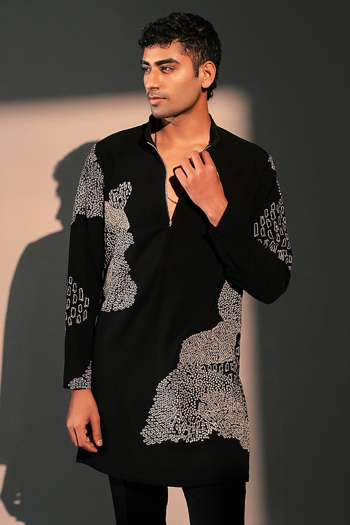 Black Imported Polyester Kurta Set by Rohit Doshi at Pernia's Pop Up Shop