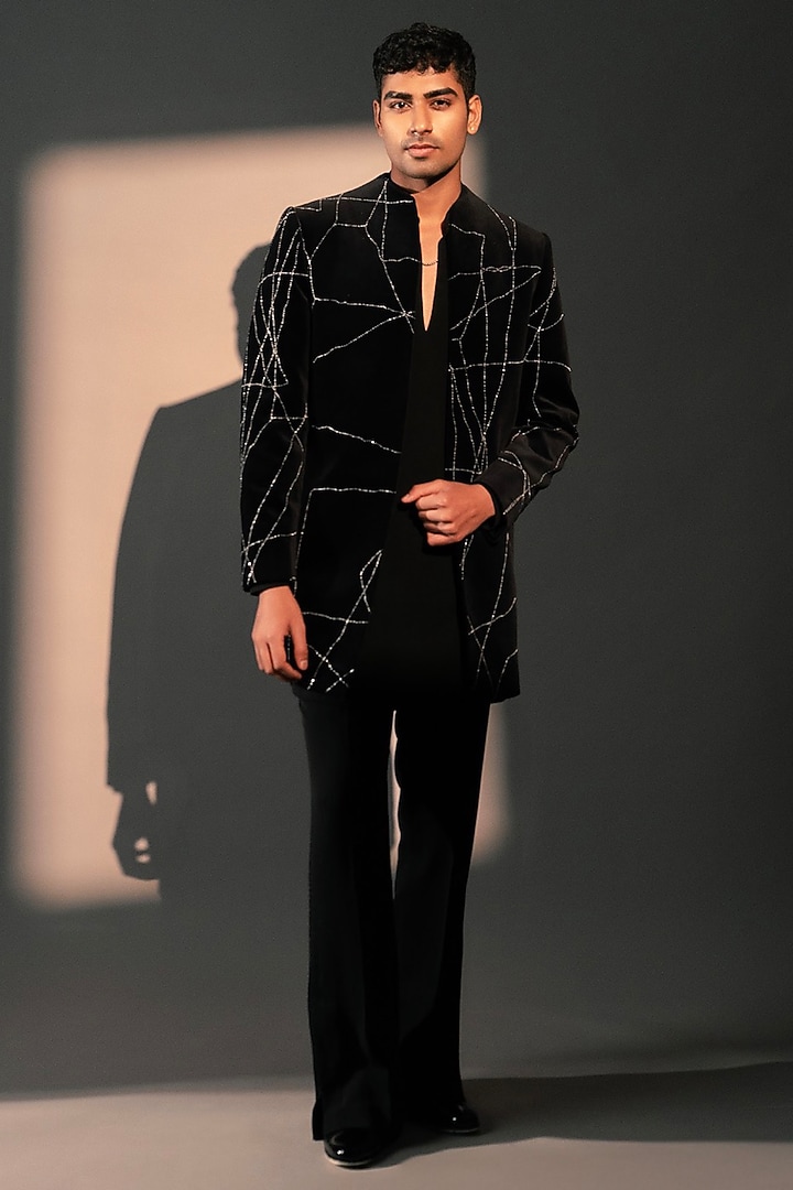 Black Imported Polyester Wedding Indowestern Set by Rohit Doshi at Pernia's Pop Up Shop
