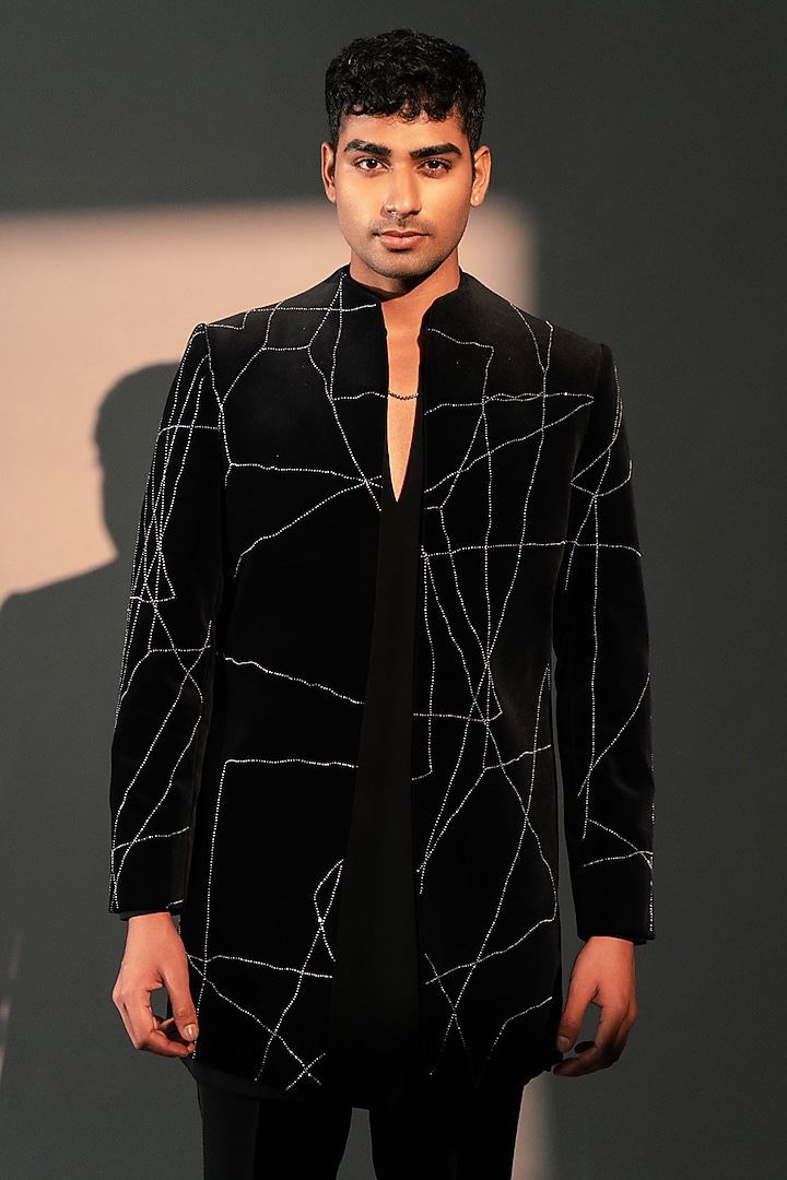 Black Imported Polyester Wedding Indowestern Set by Rohit Doshi at Pernia's Pop Up Shop