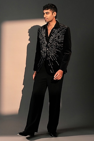 Black Velvet Blazer Set by Rohit Doshi