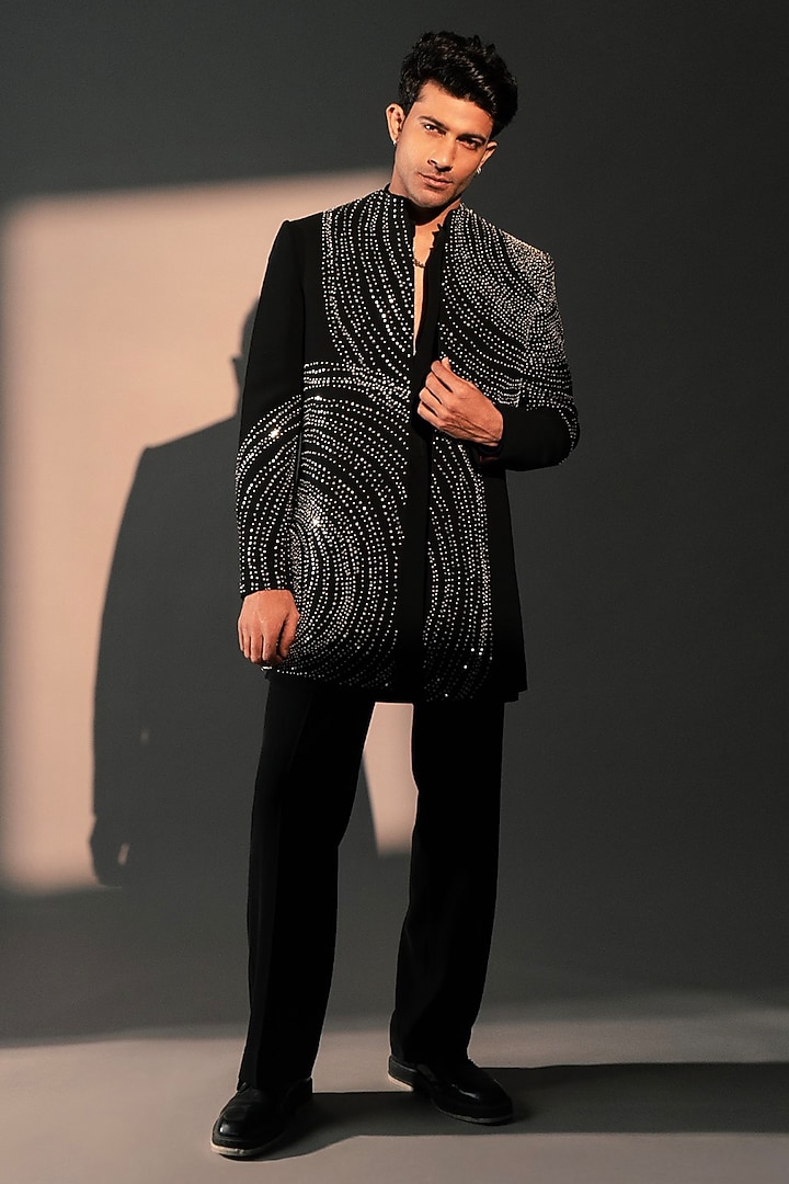 Black Imported Polyester Wedding Indowestern Set by Rohit Doshi at Pernia's Pop Up Shop