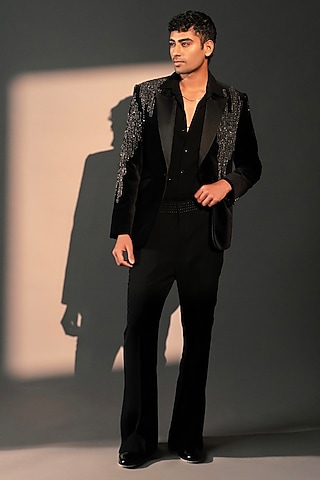 Black Imported Polyester Blazer Set by Rohit Doshi