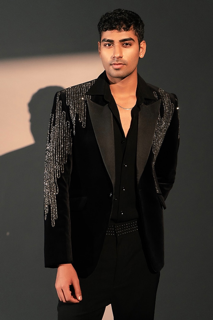 Black Imported Polyester Blazer Set by Rohit Doshi at Pernia's Pop Up Shop