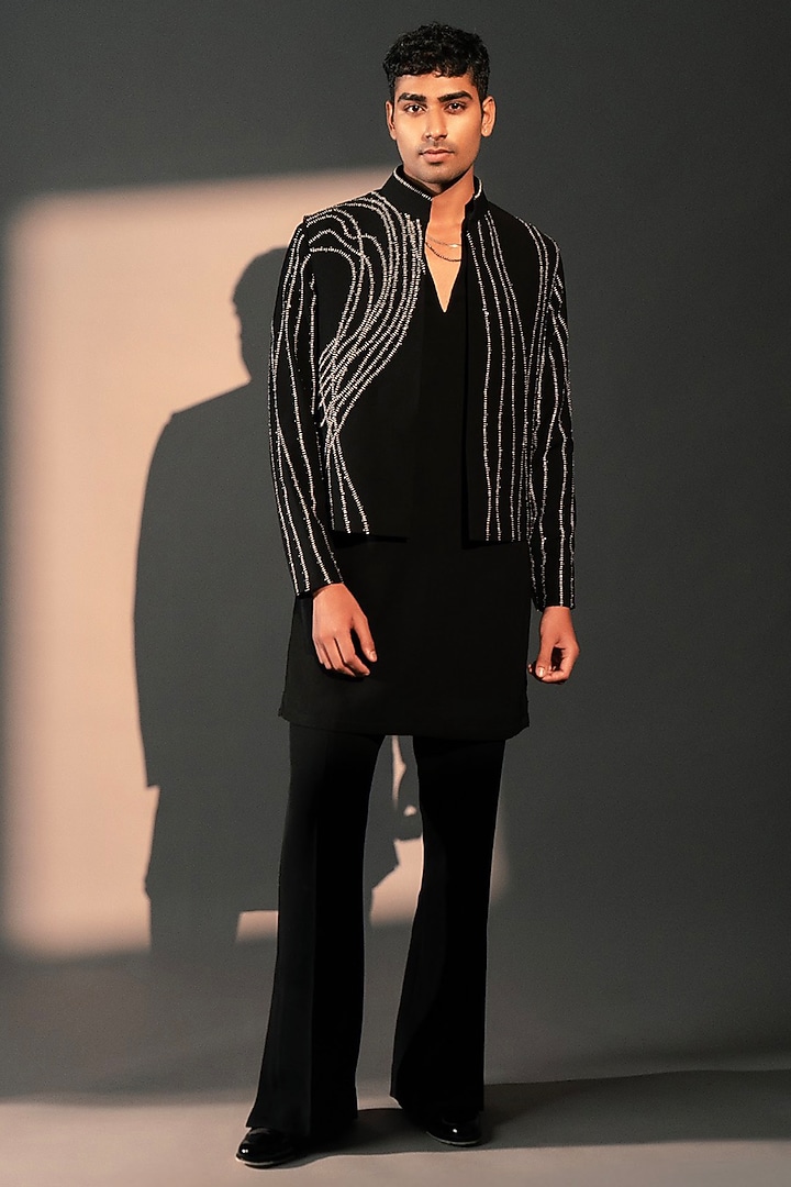 Black Imported Polyester Bundi Jacket Set by Rohit Doshi at Pernia's Pop Up Shop