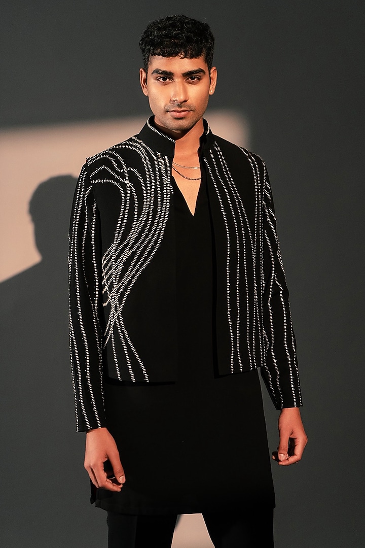 Black Imported Polyester Bundi Jacket Set by Rohit Doshi at Pernia's Pop Up Shop