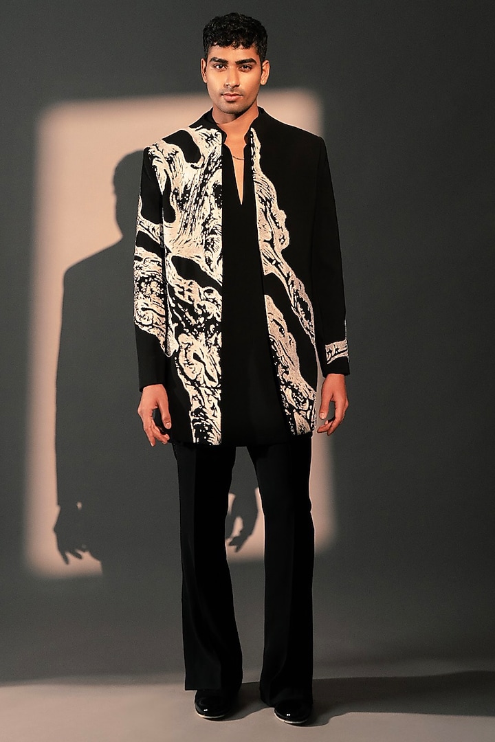 Black Imported Polyester Wedding Indowestern Set by Rohit Doshi at Pernia's Pop Up Shop