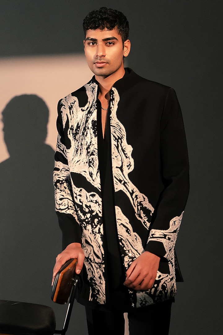 Black Imported Polyester Wedding Indowestern Set by Rohit Doshi at Pernia's Pop Up Shop