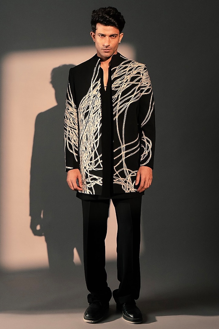 Black Imported Polyester Wedding Indowestern Set by Rohit Doshi at Pernia's Pop Up Shop