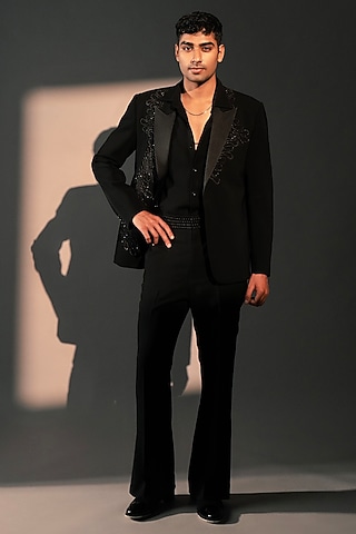 Black Imported Polyester Blazer Set by Rohit Doshi