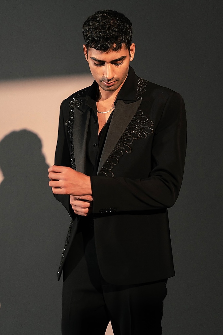 Black Imported Polyester Blazer Set by Rohit Doshi at Pernia's Pop Up Shop
