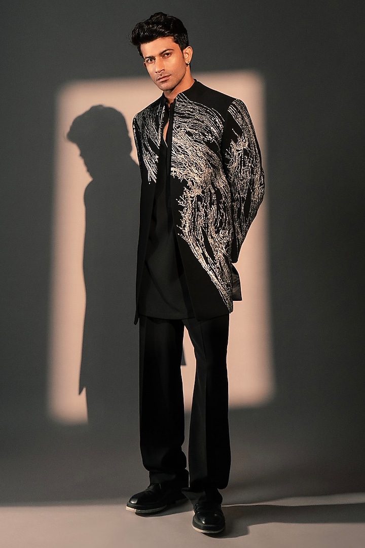 Black Imported Polyester Wedding Indowestern Set by Rohit Doshi at Pernia's Pop Up Shop