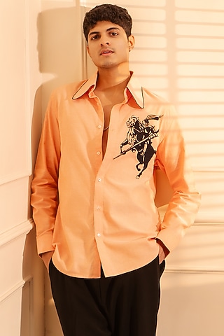 Orange Cotton Shirting Fabric Shirt by Rohit Doshi