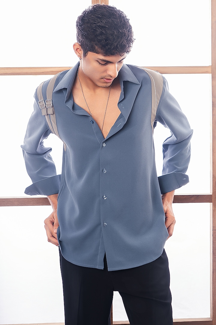 Petrol Blue Poly Crepe Party Wear Shirt by Rohit Doshi at Pernia's Pop Up Shop