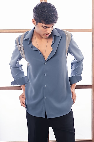 Petrol Blue Poly Crepe Shirt by Rohit Doshi