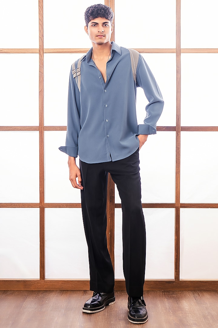 Petrol Blue Poly Crepe Party Wear Shirt by Rohit Doshi at Pernia's Pop Up Shop