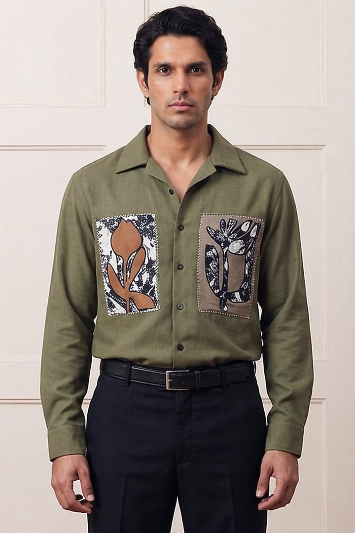 Olive Green Polyester Party Wear Shirt by Rohit Doshi at Pernia's Pop Up Shop