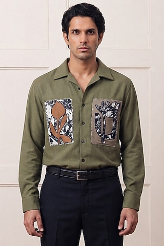 Olive Green Polyester Shirt by Rohit Doshi