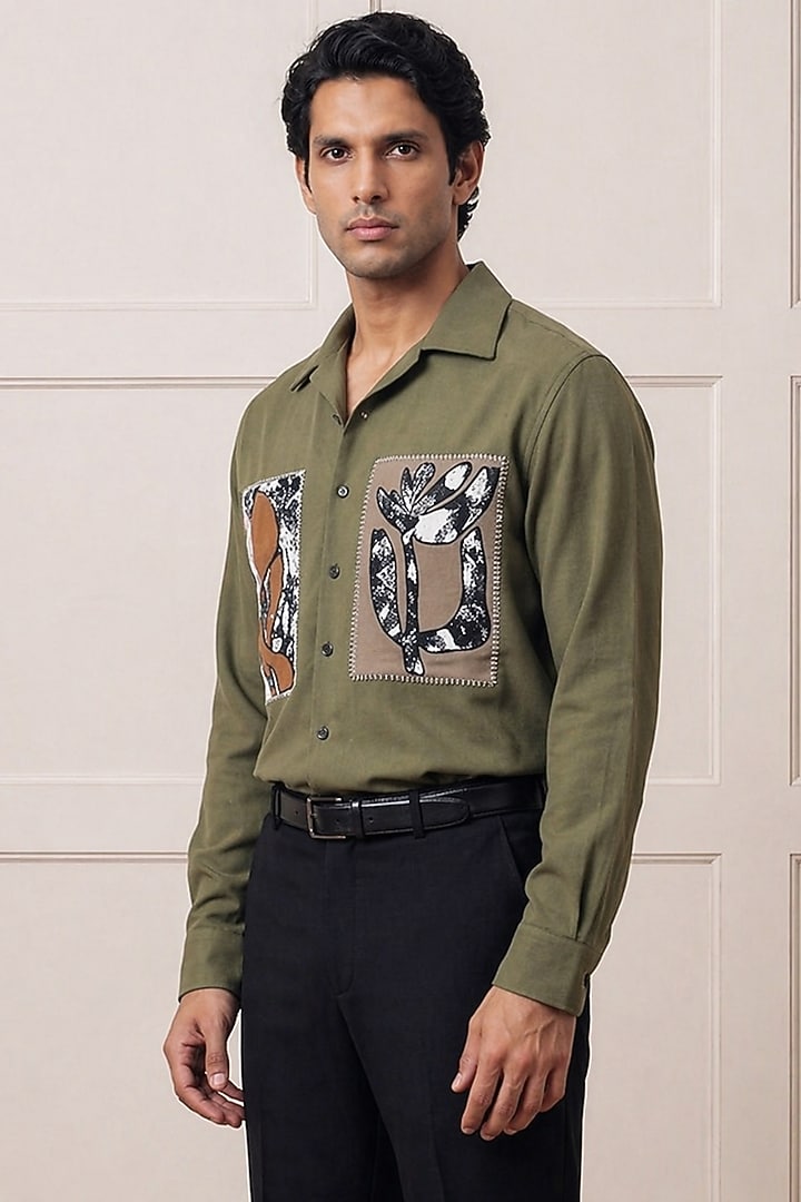 Olive Green Polyester Party Wear Shirt by Rohit Doshi at Pernia's Pop Up Shop