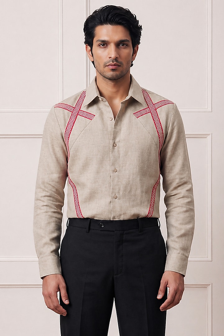 Beige Poly Matka Party Wear Shirt by Rohit Doshi at Pernia's Pop Up Shop