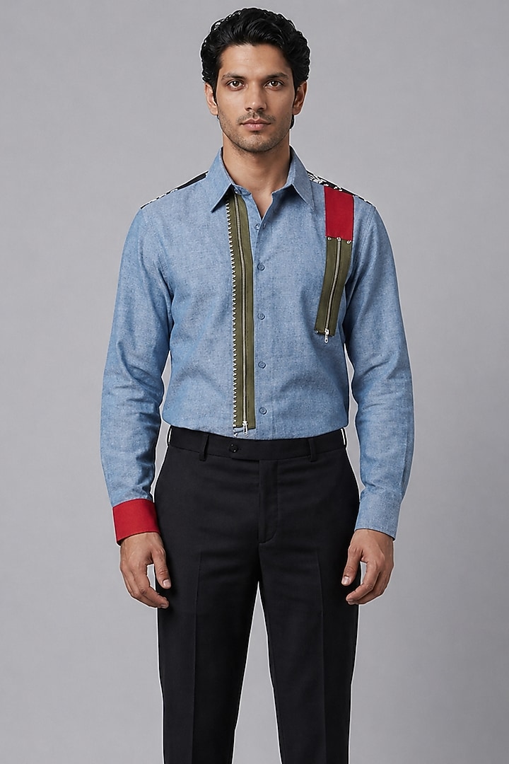 Blue Poly Matka Party Wear Shirt by Rohit Doshi at Pernia's Pop Up Shop