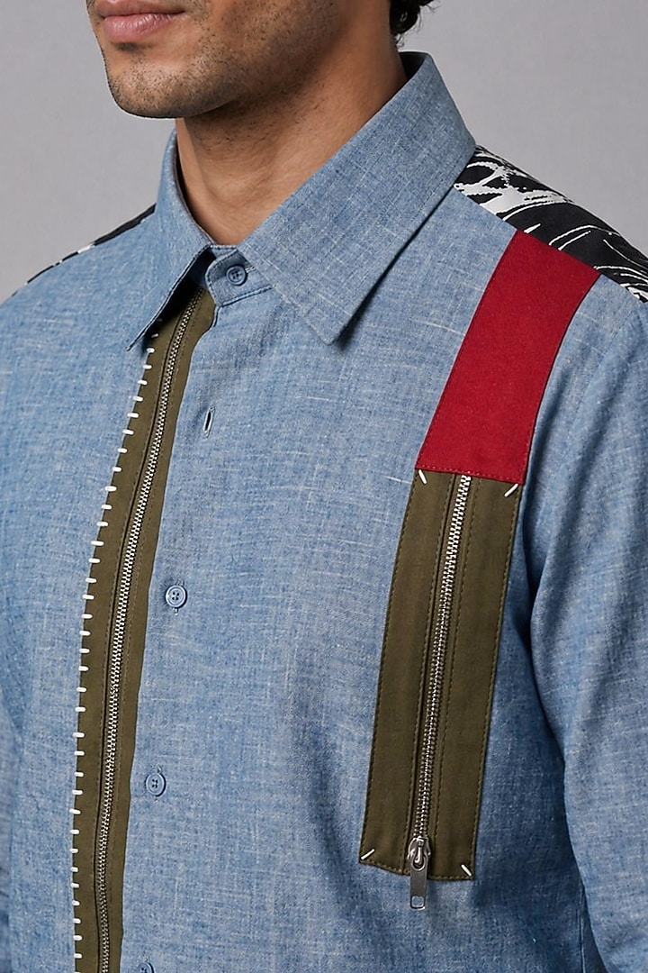 Blue Poly Matka Party Wear Shirt by Rohit Doshi at Pernia's Pop Up Shop