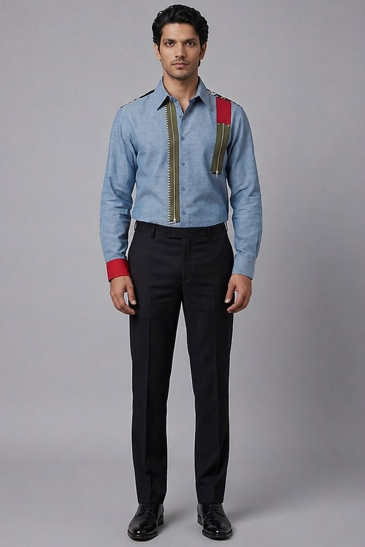 Blue Poly Matka Party Wear Shirt by Rohit Doshi at Pernia's Pop Up Shop