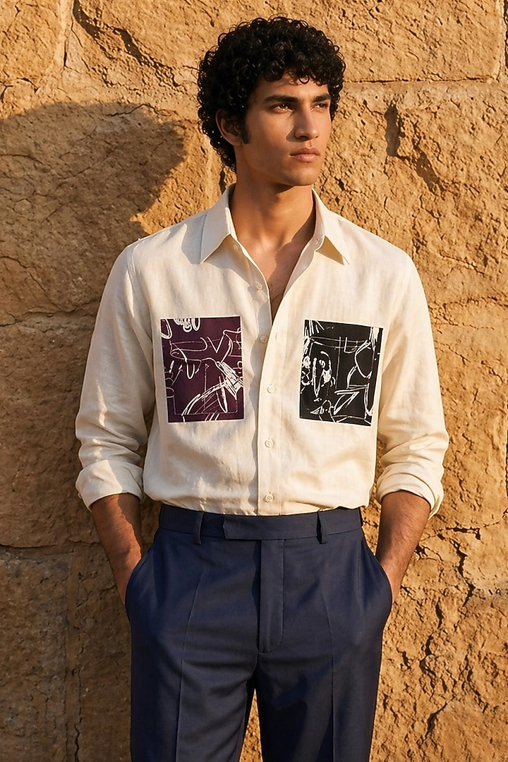 Off-White Polyester Party Wear Shirt by Rohit Doshi at Pernia's Pop Up Shop