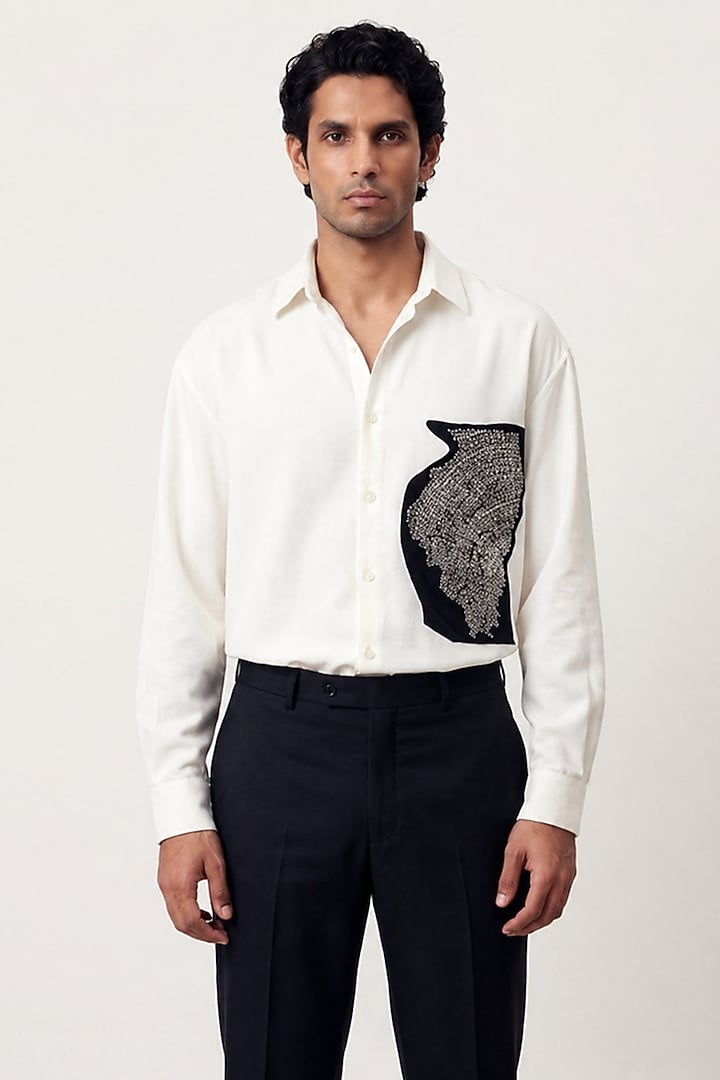 Off-White Polyester Party Wear Shirt by Rohit Doshi at Pernia's Pop Up Shop
