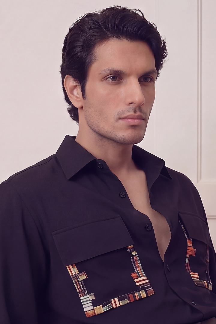 Black Polyester Party Wear Shirt by Rohit Doshi at Pernia's Pop Up Shop