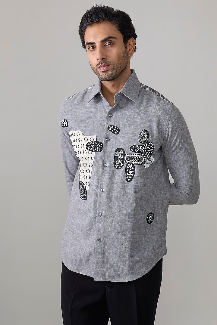 Grey Linen Polyester Blend Party Wear Shirt by Rohit Doshi at Pernia's Pop Up Shop