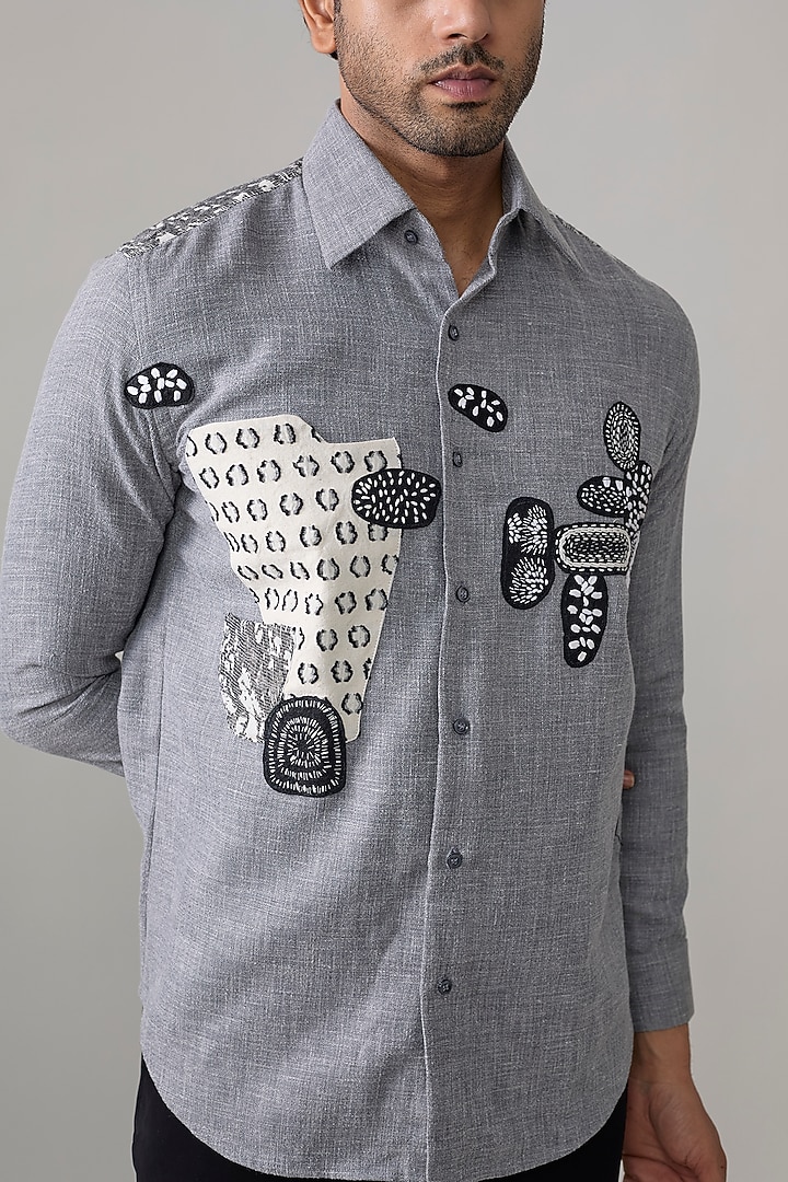 Grey Linen Polyester Blend Party Wear Shirt by Rohit Doshi at Pernia's Pop Up Shop