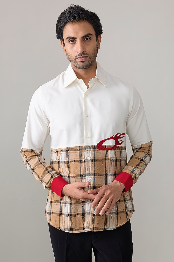 White Cotton Checkered Party Wear Shirt by Rohit Doshi at Pernia's Pop Up Shop
