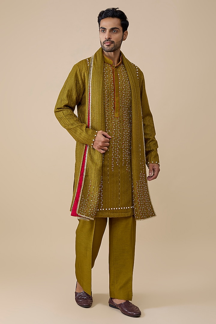 Mustard Green Cotton Kurta Set by Rohit Doshi at Pernia's Pop Up Shop