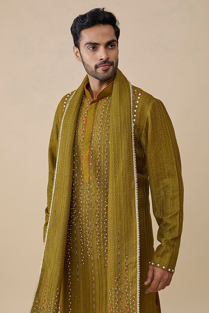 Mustard Green Cotton Kurta Set by Rohit Doshi at Pernia's Pop Up Shop