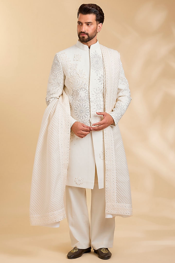 White Cotton Groom Sherwani Set by Rohit Doshi at Pernia's Pop Up Shop