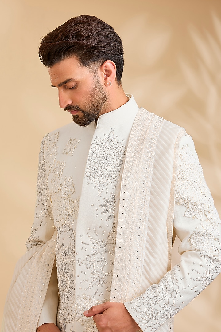 White Cotton Groom Sherwani Set by Rohit Doshi at Pernia's Pop Up Shop