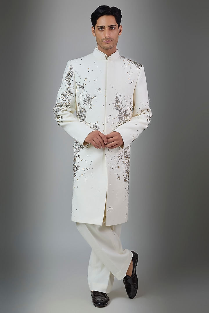 Off-White Cotton Groom Sherwani Set by Rohit Doshi at Pernia's Pop Up Shop