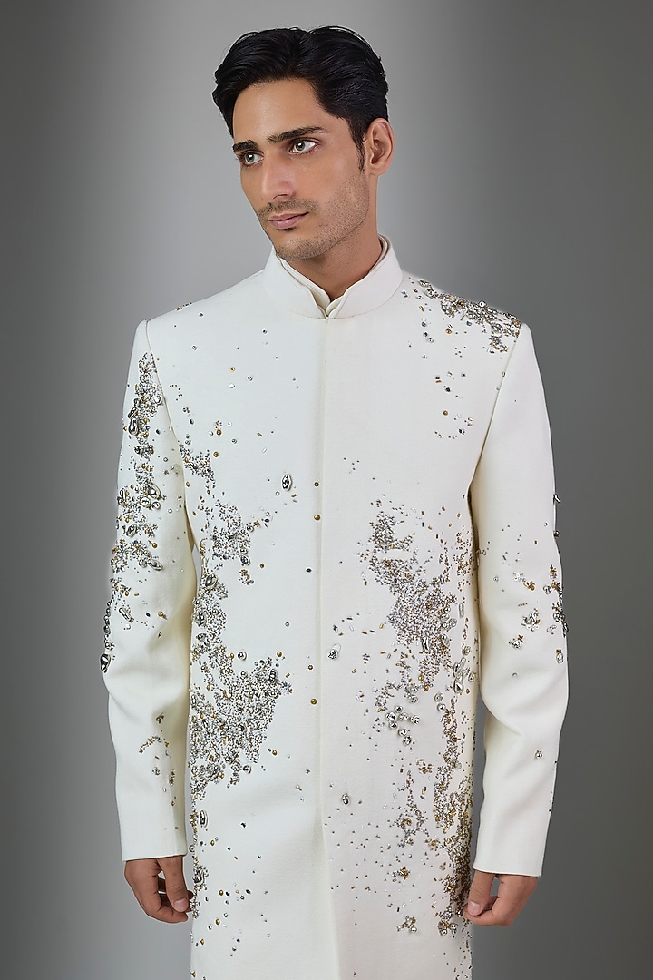 Off-White Cotton Groom Sherwani Set by Rohit Doshi at Pernia's Pop Up Shop
