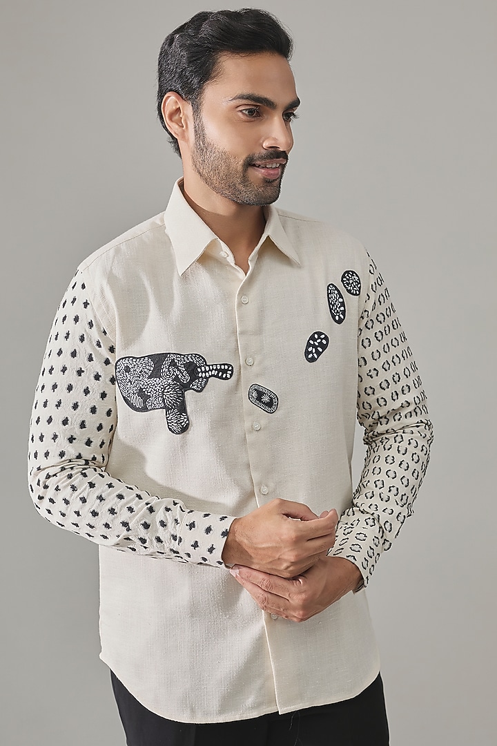 Off-White Poly Blend Party Wear Shirt by Rohit Doshi at Pernia's Pop Up Shop