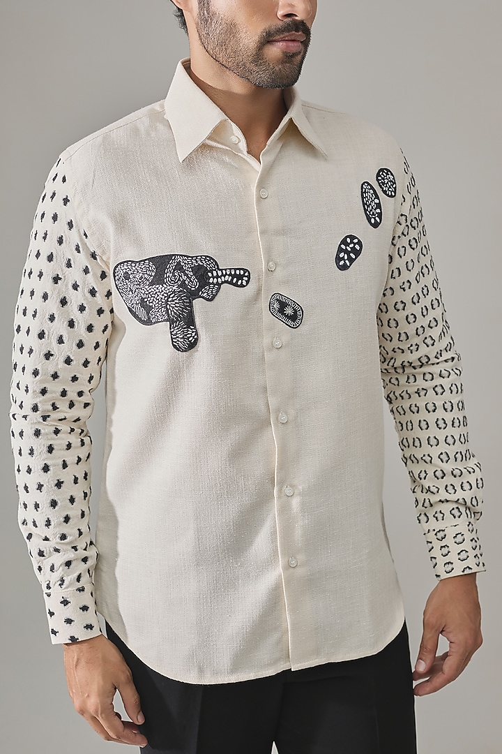 Off-White Poly Blend Party Wear Shirt by Rohit Doshi at Pernia's Pop Up Shop