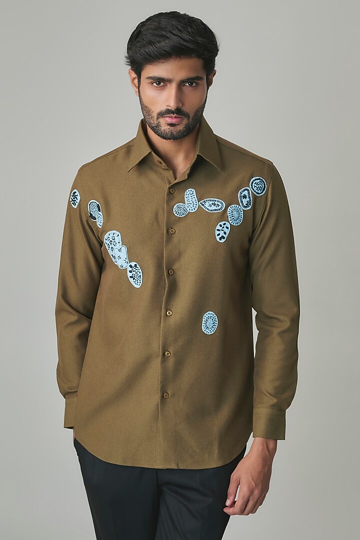 Olive Poly Blend Party Wear Shirt by Rohit Doshi at Pernia's Pop Up Shop