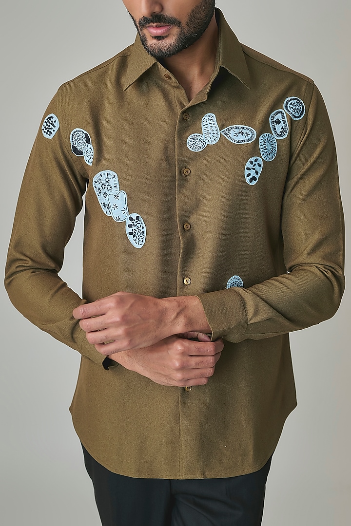 Olive Poly Blend Party Wear Shirt by Rohit Doshi at Pernia's Pop Up Shop
