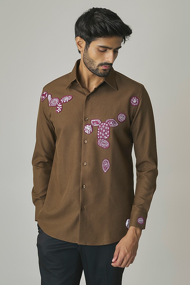 Olive Poly Blend Party Wear Shirt by Rohit Doshi at Pernia's Pop Up Shop