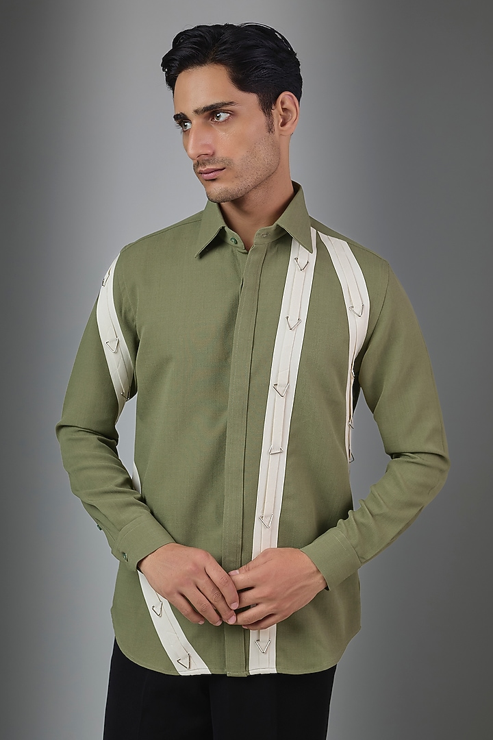 Olive Green Cotton Blend Party Wear Shirt by Rohit Doshi at Pernia's Pop Up Shop