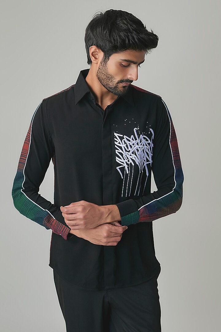 Black Split Fabric Party Wear Shirt by Rohit Doshi at Pernia's Pop Up Shop