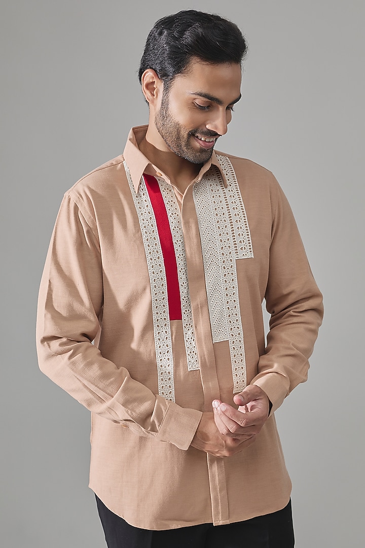 Nude Cotton Blend Party Wear Shirt by Rohit Doshi at Pernia's Pop Up Shop