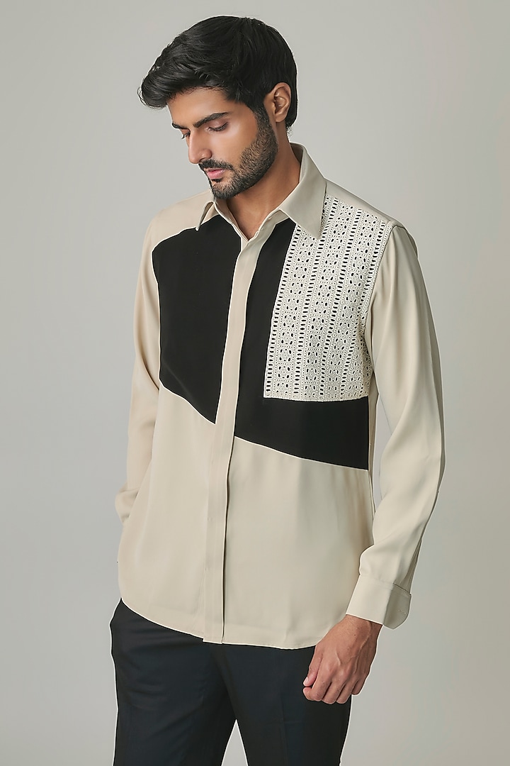 Cream Poly Blend Party Wear Shirt by Rohit Doshi at Pernia's Pop Up Shop