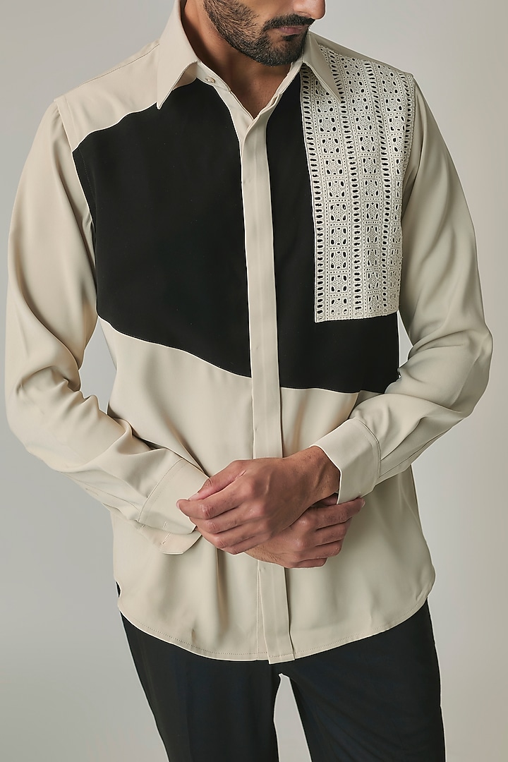 Cream Poly Blend Party Wear Shirt by Rohit Doshi at Pernia's Pop Up Shop