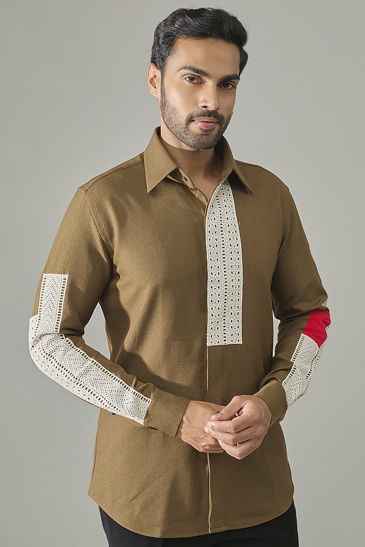 Olive Cotton Blend Party Wear Shirt by Rohit Doshi at Pernia's Pop Up Shop