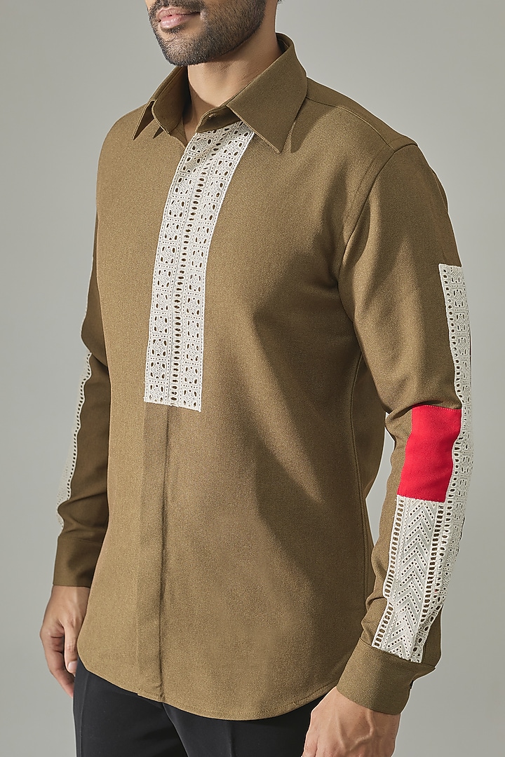 Olive Cotton Blend Party Wear Shirt by Rohit Doshi at Pernia's Pop Up Shop